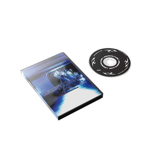 A CD case with a futuristic blue cover design lies next to a black CD featuring white tribal patterns on a white background, showcasing LINCOLN LEATHER’s heavy EP.