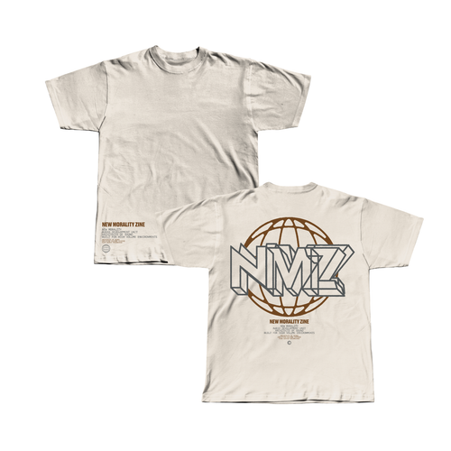 Front and back of the NMZ "Architects of Sound" Off-White Shirt made from premium USA cotton; the front displays small New Morality Zine text, while the back showcases large NMZ letters over a brown globe graphic with additional text beneath.