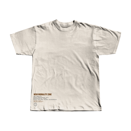 An Off-White NMZ "Architects of Sound" heavyweight cropped tee crafted from premium USA cotton, featuring small brown and black text reading "NEW MORALITY ZINE" along with additional details printed near the bottom left corner.