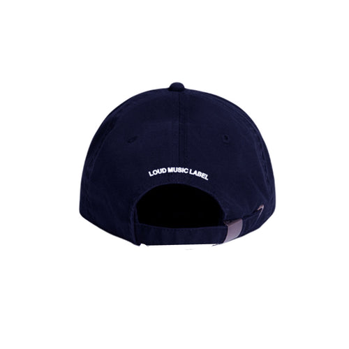 The Loud Music Label Midnight Blue Dad Hat features white embroidered "LOUD MUSIC LABEL" text above the adjustable strap on the back, adding a bold touch to your style.