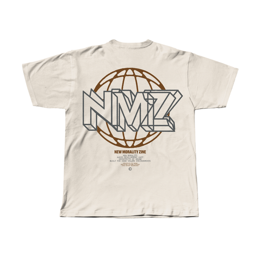 The NMZ "Architects of Sound" Off-White Shirt is a heavyweight cropped tee made from premium USA cotton, featuring a large globe outline and bold NMZ text on the back. Beneath, smaller text reads New Morality Zine with additional information in a minimalist, modern font—delivering an effortless shaka to off-white style.