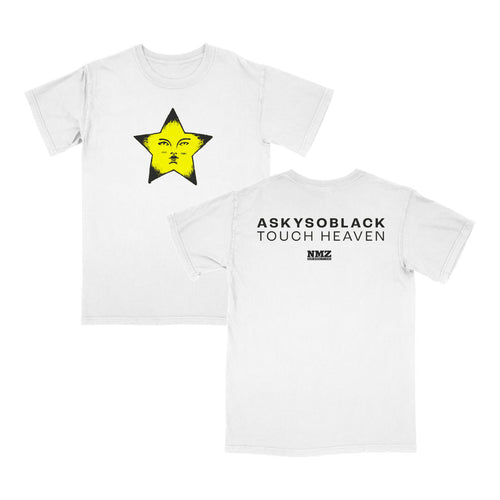 The Touch Heaven White T-Shirt displays a yellow star with a face on the front, and "ASKYSOBLACK TOUCH HEAVEN" with a small NMZ logo on the back, combining playful design and bold text.