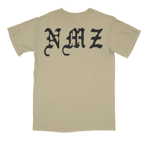 A khaki Death Wheel T-Shirt by Comfort Colors featuring large black gothic-style NMZ lettering across the upper back.