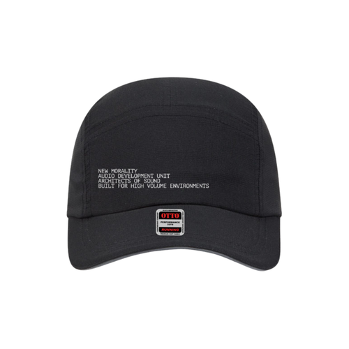 The NMZ "Architects of Sound" Hat is a black 5-panel running cap featuring white front text that reads, "NEW MORALITY AUDIO DEVELOPMENT UNIT ARCHITECTS OF SOUND BUILT FOR HIGH VOLUME ENVIRONMENTS," along with a red and gray OTTO label on the brim. Made from moisture-wicking fabric, it helps you stay cool and dry during intense activities.