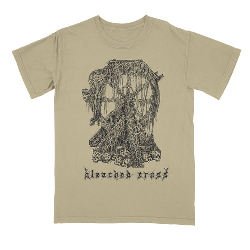 Death Wheel Khaki T-Shirt with a detailed dark design of skeletons and bones in a large wheel, skulls at the base, and stylized, unreadable Tomorrowghost text below the image.