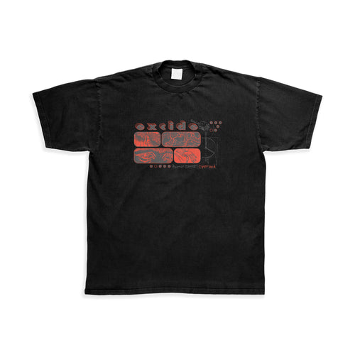 The Human Error Black T-Shirt features a red and orange abstract graphic with "oxide" across the chest, inspired by Ridge Rhine, including modern shapes and circular elements for a bold, artistic style.