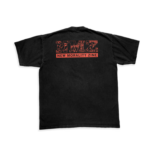 The Human Error Black T-Shirt features NMZ in large red graphic letters on the front and NEW MORALITY ZINE in red on the back, shown laid flat on a white background to highlight its bold, standout design.