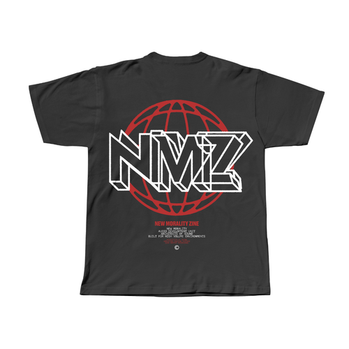 The NMZ "Architects of Sound" Shirt is a black heavyweight cotton tee with a vintage faded look, featuring a large red globe and bold white “NMZ” on the back, plus small “New Morality Zine” text and a circular logo beneath.