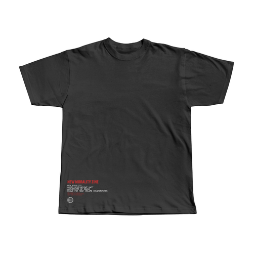 The NMZ "Architects of Sound" Shirt is a black heavyweight cotton tee featuring small red and white NEW MORALITY ZINE text, additional smaller text, and a globe icon near the bottom left hem, all with a vintage faded look. The rest of the shirt is plain.