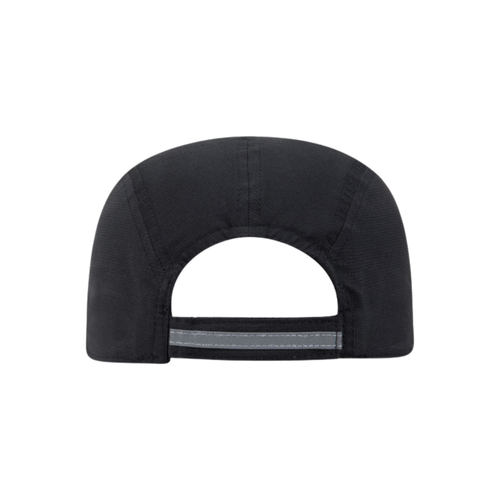 The NMZ "Architects of Sound" Hat is a black reflective 5-panel running cap seen from the back, featuring an open section and an adjustable strap with a gray reflective strip. Designed for comfort and style during active pursuits.
