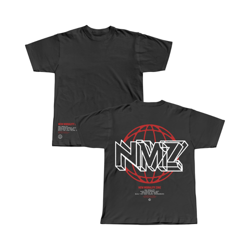 The NMZ "Architects of Sound" Shirt is a heavyweight black tee with a bold red globe and white NMZ letters on the back, plus small white and red text below the graphic and on the lower front left. Shown from both front and back.