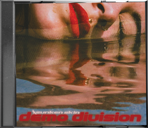 A close-up shows a person with bright red lips and water droplets on their face, partially submerged and reflected in water. "Sunken Skin" appears in bold red and white letters at the bottom, giving an alternative grunge feel.
