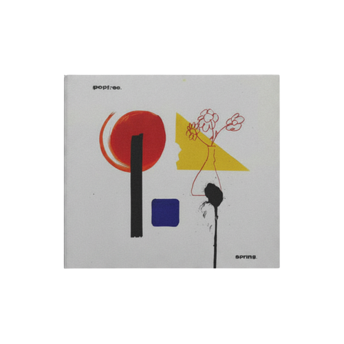 Minimalist album cover featuring abstract shapes—a red circle, black vertical line, blue square, yellow triangle, and red outlined flowers—set against a white background. “pop:reo.” appears at the top left and “springs.” at the bottom right, visually reflecting the emotionally raw lyricism of Spring. Pre-order now to be among the first to experience this fresh release.