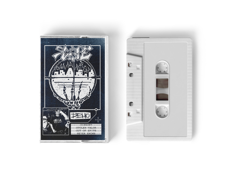 A white cassette labeled Demo by SCOPE sits beside its illustrated black-and-white case, featuring a globe, cityscape, and band photo—a raw relic from the Chicago hardcore scene.