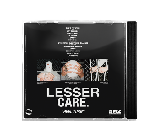A CD case featuring Heel Turn by Lesser Care. The black cover with white text lists song titles and band name, plus images of bandaged hands, clenched fists, and a wrapped face—ideal for alternative rock and post-punk fans.