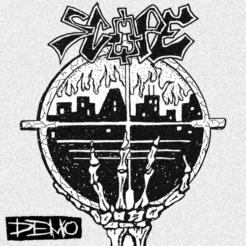 Black and white artwork for Demo by Chicago HC band SCOPE shows a skeletal hand gripping a round window with a city skyline and melting buildings. "SCAPE" appears in graffiti-style at the top, with "DEMO" in a box at the bottom left.