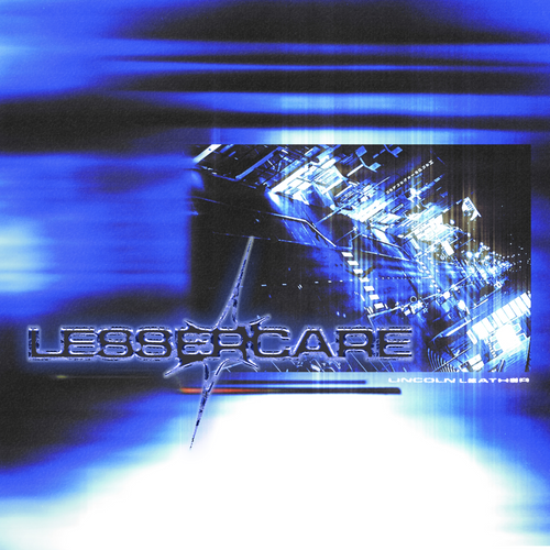 A digital artwork for LINCOLN LEATHER features abstract blue streaks and city-inspired shapes, with the title LESSER CAPE displayed in a futuristic font to capture the energetic vibe of a heavy EP. The product name, LINCOLN LEATHER, is subtly placed in smaller white text at the bottom right, bringing cohesion to the dynamic composition.