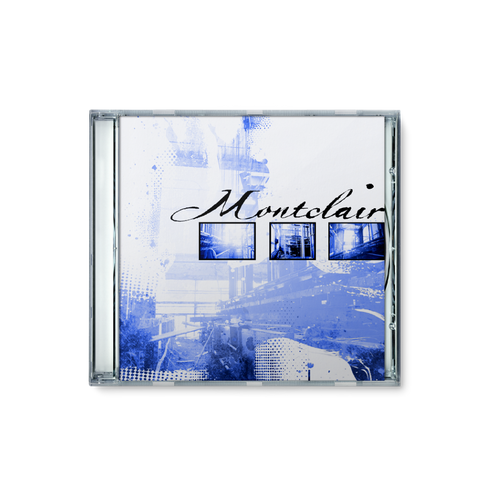 A CD case for the Montclair EP, decorated with a blue and white abstract cover, showcases the name “Montclair” in cursive along with three small urban scene photos on the front—capturing the emotional honesty of Connecticut post-hardcore.