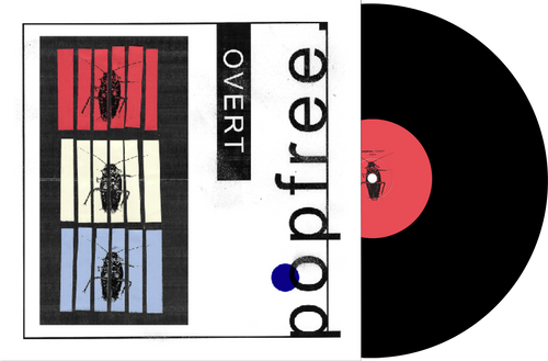 A vinyl record titled “Overt” and its cover, which features three panels depicting a bug behind bars in shades of red, white, and beige. The text “OVERT” and “popfree,” accompanied by a blue dot, appear on the cover. The record itself has a matching red label with an illustration of the bug.
