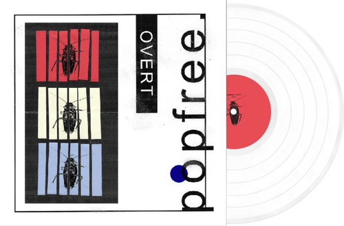 Album cover for “Overt” features three images of an insect behind bars, shaded in red, white, and blue. The text reads OVERT popfree. A clear vinyl record with a red center label is partially visible on the right.
