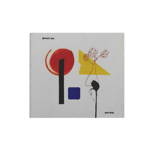 Abstract art album cover with a red circle, black line, blue square, yellow triangle, and red floral sketch on white. pop:co. at top left and Spring at bottom right—ideal for the emotional indie music of the Spring EP.