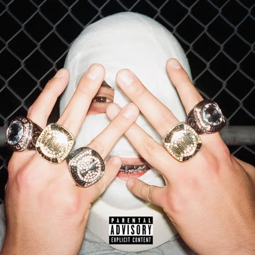 Wearing a white mask and flaunting four large rings, a person stands before a chain-link fence, channeling post-punk energy. The "Parental Advisory Explicit Content" label appears at the bottom. Product: Heel Turn.