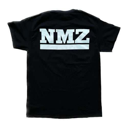 The NMZ "Tagged" Shirt is a black Gildan tee with a bold white NMZ tag and a white horizontal line printed on the back.