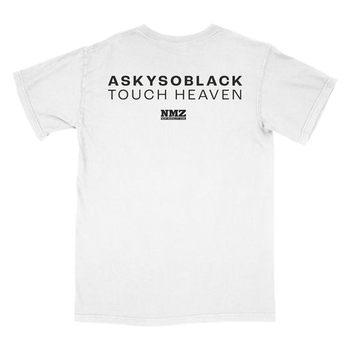 The Touch Heaven White T-Shirt features black "ASKYSOBLACK TOUCH HEAVEN" text on the back, plus a small NMZ logo—ideal for fans of the iconic Touch Heaven shirt.