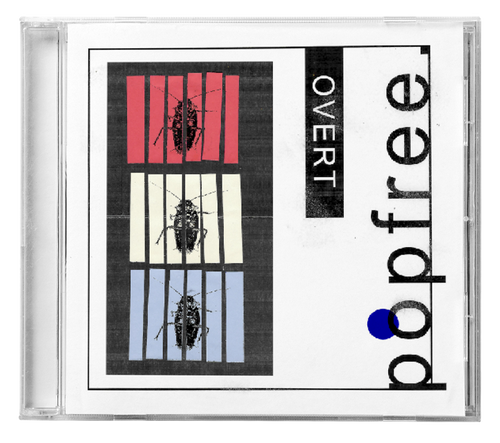 CD cover for “Overt” featuring three rectangles—red, beige, and blue—each framing a bug behind black bars. The design includes the text Overt and popfree, with a blue dot beneath the “p.” Minimalist and modern aesthetic.