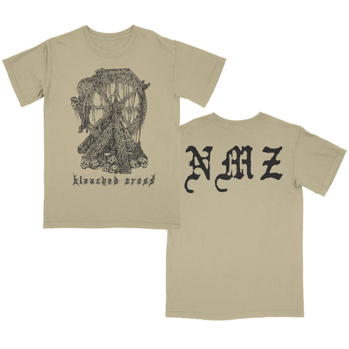 Khaki Death Wheel T-Shirt featuring a black, intricate graphic and "bleached cross" text on the front; large, stylized black “NMZ” letters on the back. Designed in collaboration with Tomorrowghost.