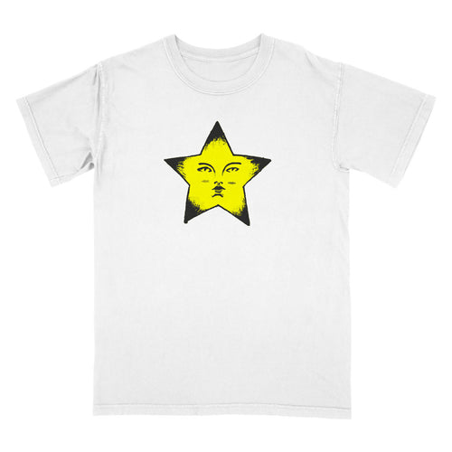 The Touch Heaven White T-Shirt by American Apparel features a large yellow star with a human face in black lines at the center of the chest.