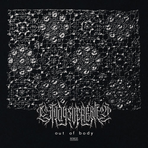 A rectangular piece of intricate lace appears on a solid black background. At the bottom, stylized silver text reads Stay Outside above smaller text that says Out of Body and the NMZ logo, highlighting multi-instrumentalist Juan Vargas.