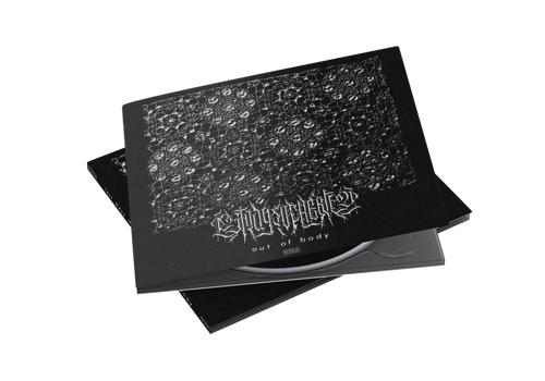 A textured black CD case with abstract white patterns and bold “OUT OF BODY” text slides open to reveal the disc inside, echoing Juan Vargas’s modern, edgy style on the Out of Body EP.