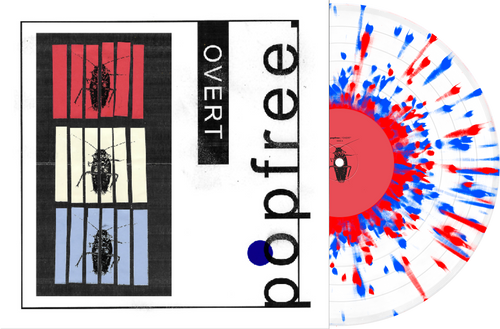 Album cover for Overt featuring three panels depicting a bug behind bars in red, yellow, and blue sections, with the text “Overt Popfree,” accompanied by a clear vinyl record adorned with red and blue paint splatters.