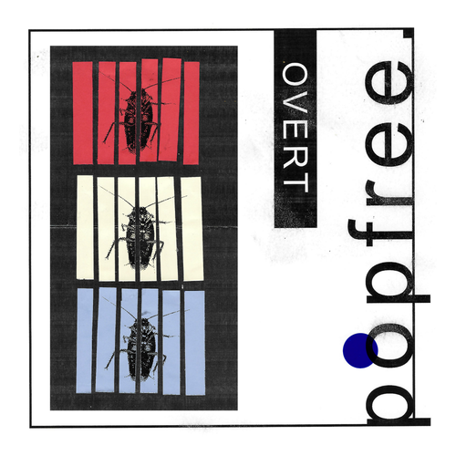 Three colorful panels—red, cream, and blue—each display a black bug behind bars. The product name “Overt” is arranged vertically in a modern, graphic style. Beside it, the word “popfree” appears sideways with a blue dot substituting for one of the o’s.