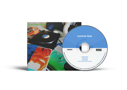 The Summer Blue CD sits partly inside its colorful case. The blue and white disc displays text, while the cover bursts with abstract art in orange, green, and blue—reflecting the energetic power pop of this San Jose band.
